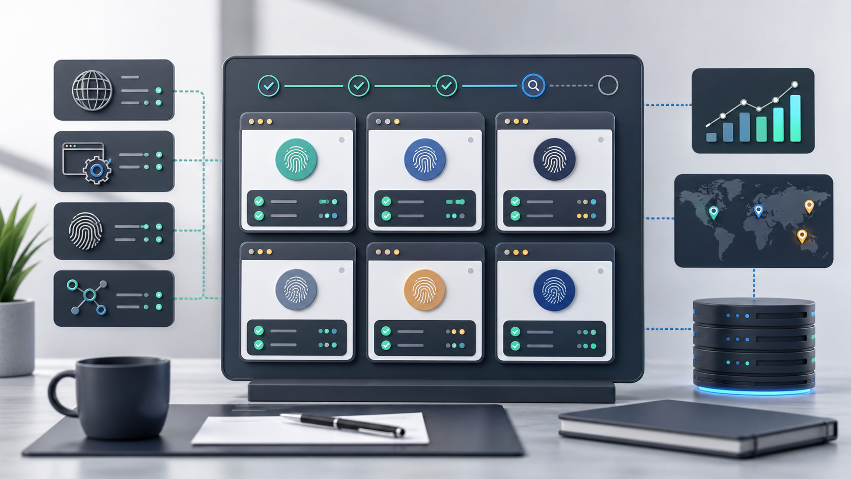 Editorial illustration of a browser profile audit board with fingerprint cards, checklist states, and regional indicators