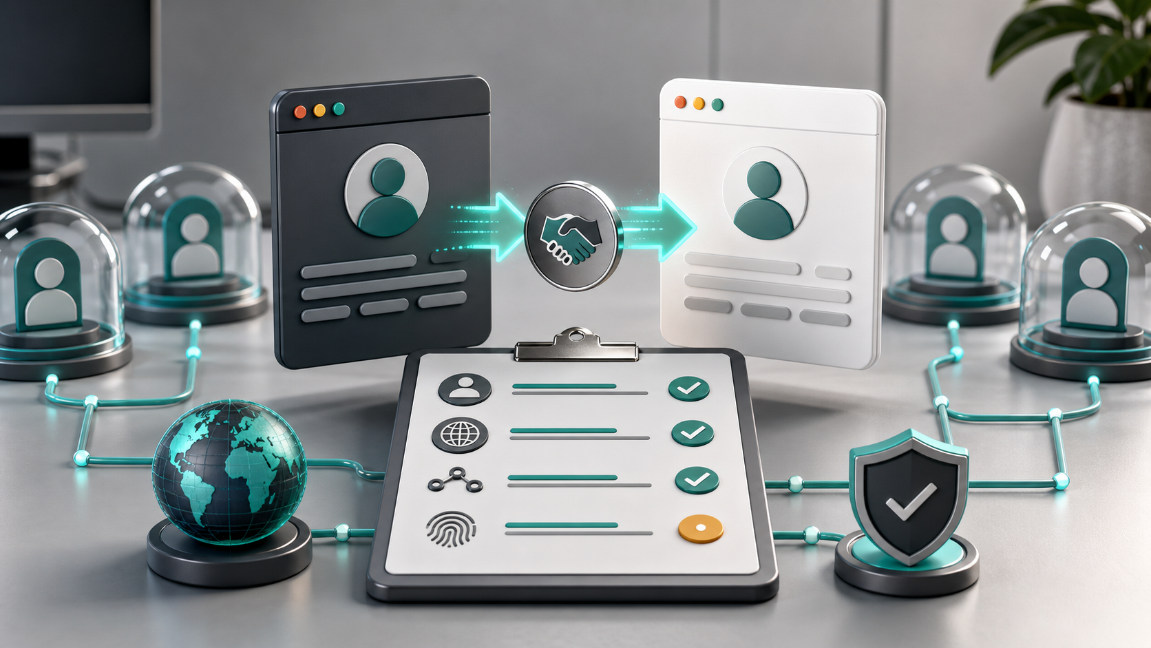 Editorial illustration of browser profile handoff validation with isolated account environments, proxy route checks, and fingerprint consistency checkpoints